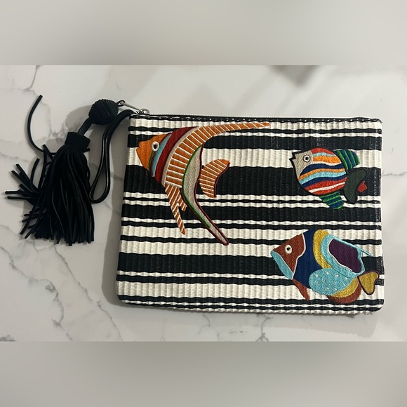 Sam Edelman Black and White Striped Clutch with Colorful Fish Design - Picture 2 of 7